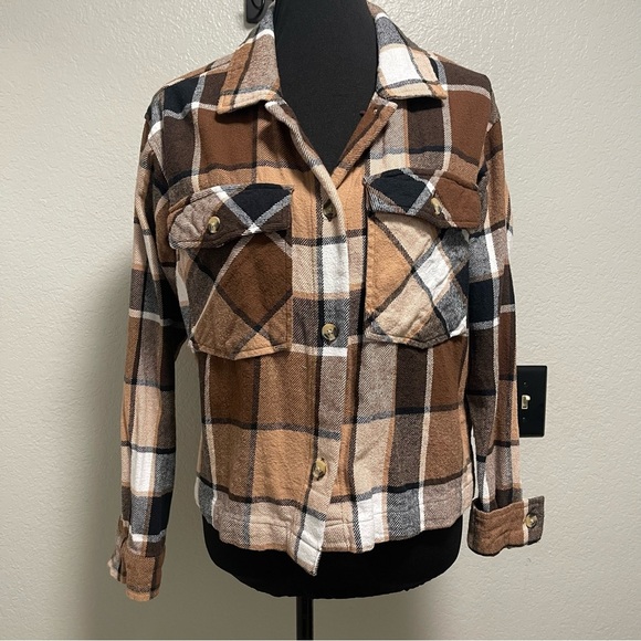 Beachlunchlounge Brown Coffee Plaid Boxy Button Down Flannel Shacket Small - Picture 1 of 7